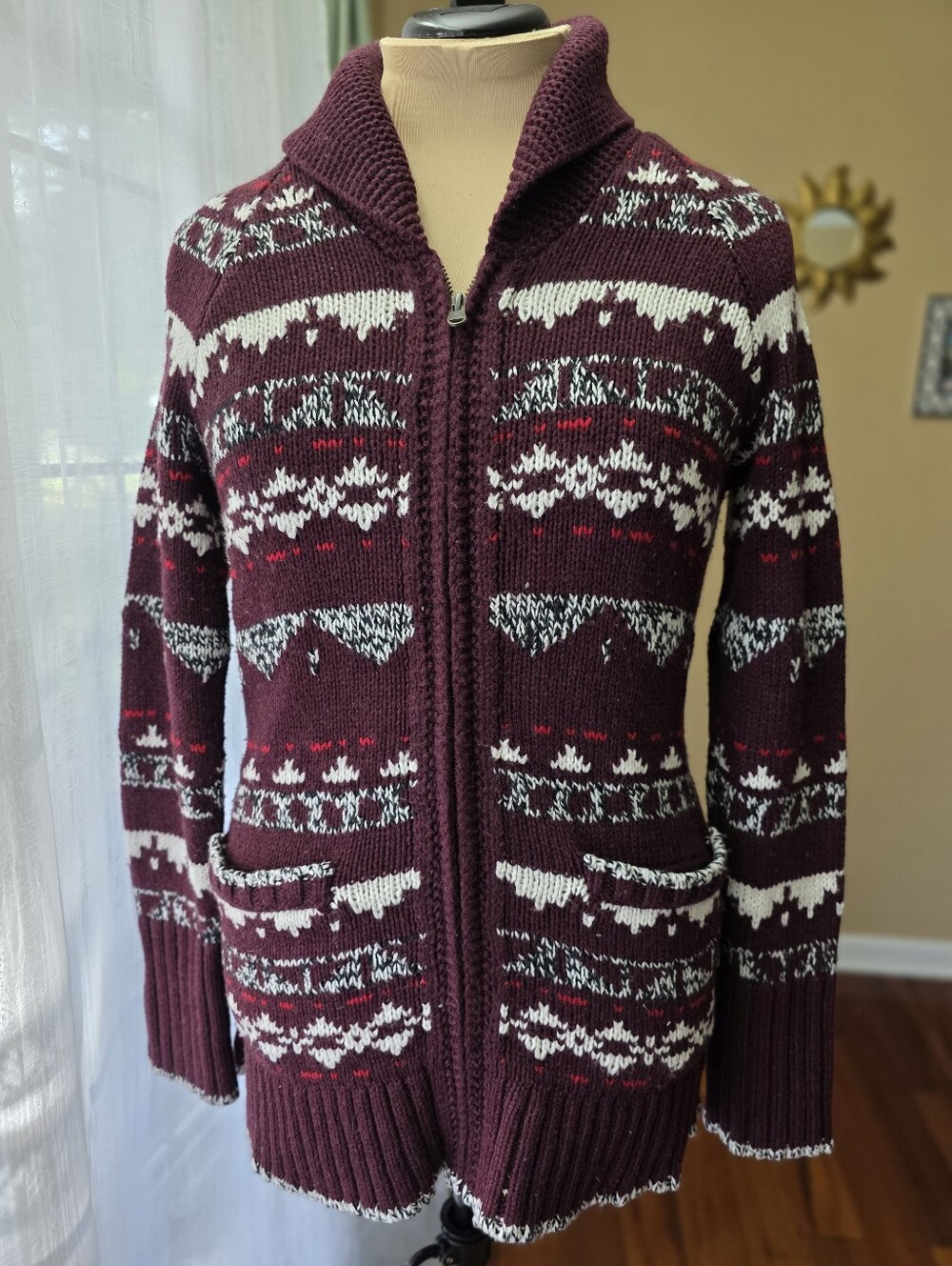 Eddie Bauer Wool Blend Fair Isle Cardigan L Burgundy Nordic Scandi Full Zip - Picture 2 of 13